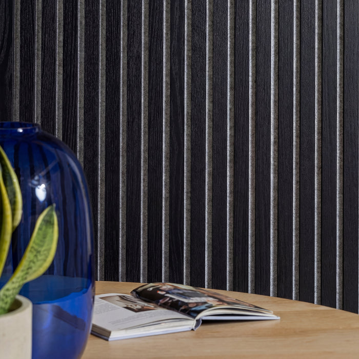 Acoustic Slat White Felt Wood Wall Panels in Smoked Oak — view 1