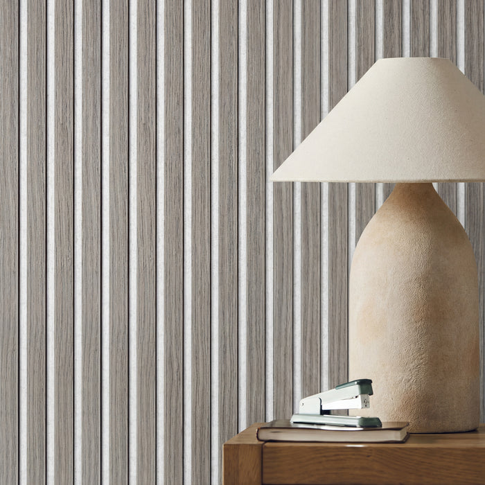 Acoustic Slat White Felt Wood Wall Panels in Grey Oak — view 1