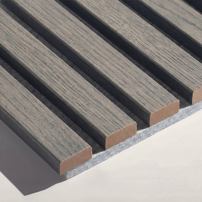 Acoustic Slat White Felt Wood Wall Panels in Grey Oak — view 2