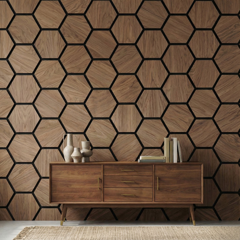 Acoustic Hexagon Wood Wall Panels in Walnut — view 1