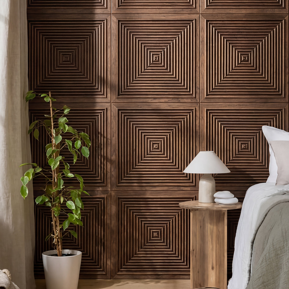 A bedroom wall finished in Parallel Wood Wall Panel in walnut