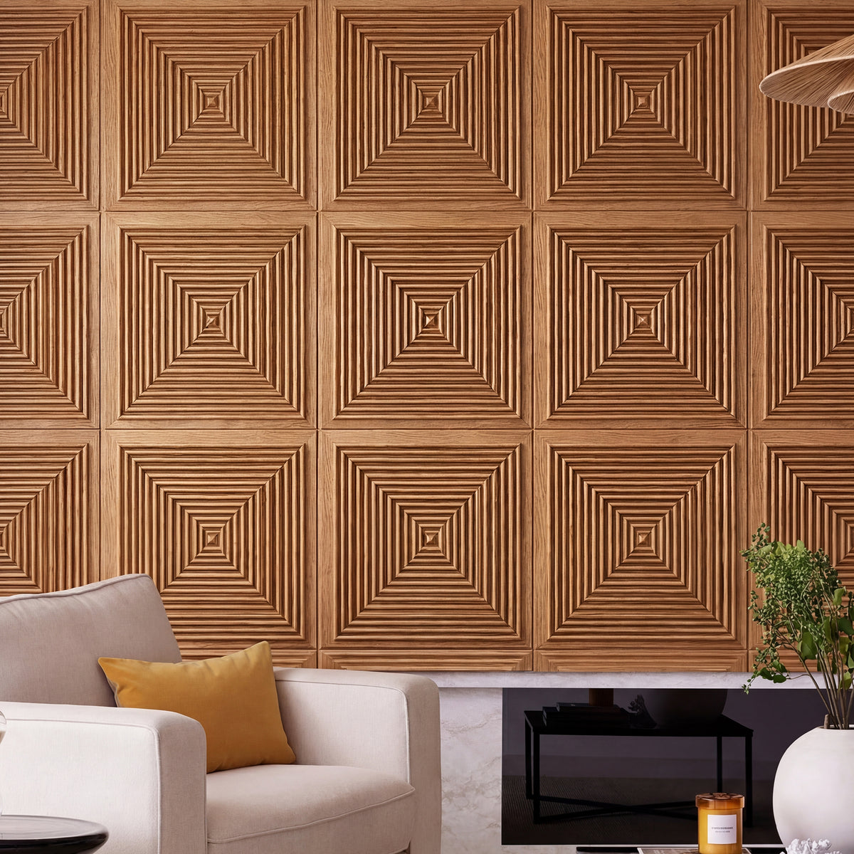 3D Concentric Square Wood Wall Panel in Natural Oak — view 1