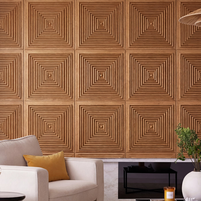 3D Concentric Square Wood Wall Panel in Natural Oak — view 1