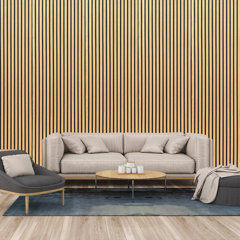 acoustic wood slat wall panel installation in living room